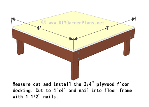 Installing the floor deck to the chicken coop floor frame.